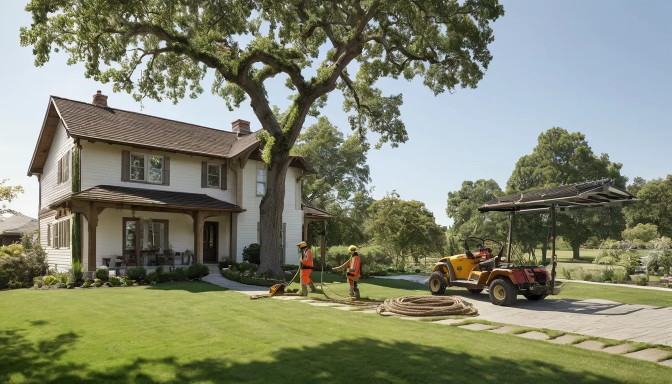 A local tree removal provider lowering a large tree section beside a house in Rochester Hills